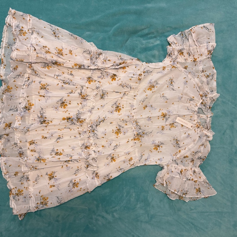 Olivaceous Floral Ruffle Sleeve Mini Dress - Cream and Yellow